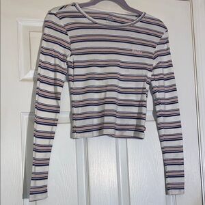 Dickies Juniors Long Sleeve Cropped Top Tee-Shirt Blue and Pink Size Small